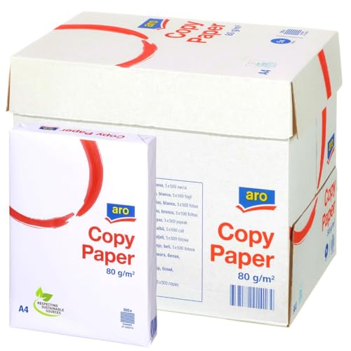 aro Kopierpapier DIN A4, 80 g/m², weiß, Weißgrad von 145-161 CIE, 5 x 500 Blatt (2500 Blatt), für Laserdrucker & Tintenstrahldrucker, Home Office & Büro