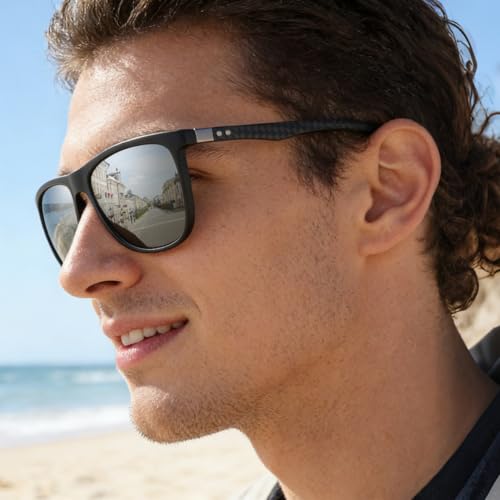 Image of Carbon Fiber Polarized Sunglasses for Men Women, Retro Square Frame, UV400 Protection, HD Grey /Green /Silver /Blue Gradient Lens, Driving Fishing Sports (C2 Black frame with Silver lens)