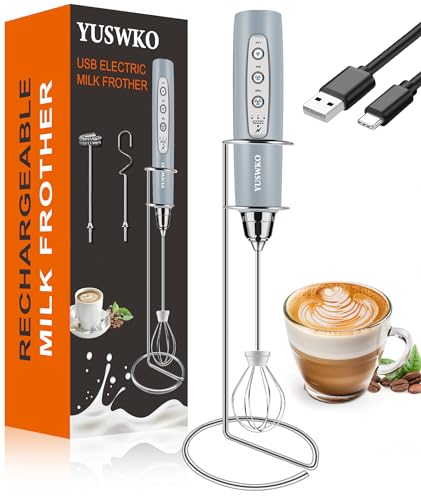 Image of YUSWKO Rechargeable Milk Frother for Coffee, Handheld Drink Mixer with 3 Heads 3 Speeds, Ideal Electric Stirrers for Travel