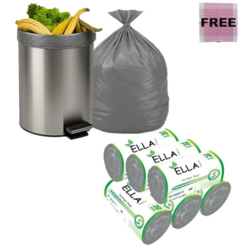 Image of ELLA Garbage Bags 17 x 19 Inches Grey Color 6 Rolls 180 Bags Small Size Durable Bags Ideal for Kitchen Bathroom Office and Wet Dry Waste Disposal Needs With Check Duster Cloth Free