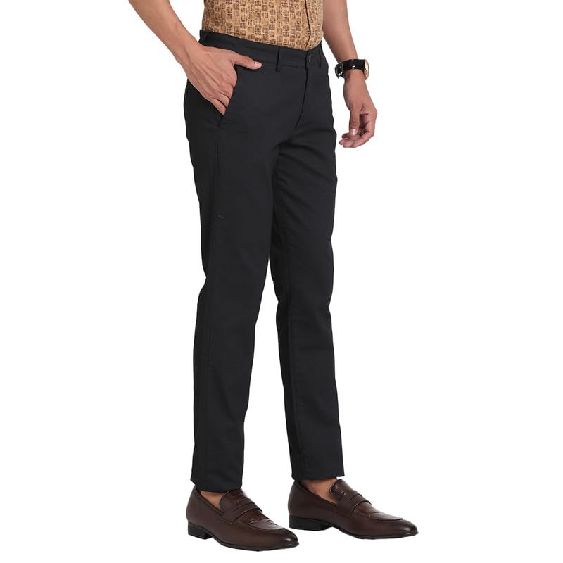 Image of Turtle Men Cotton Stretch Black Printed Narrow Fit Flat Front Casual Trouser
