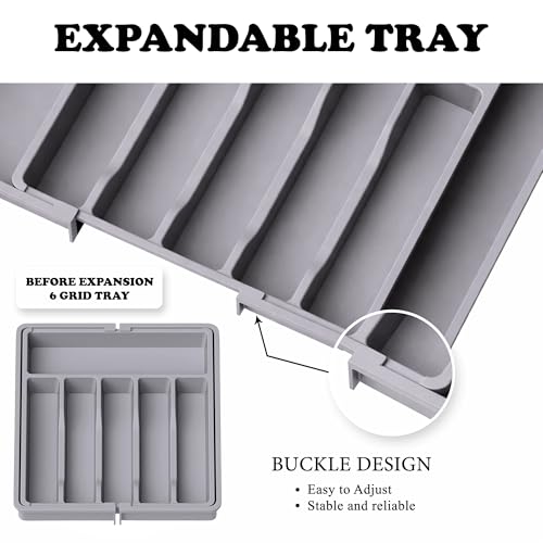 Image of mechdel Drawer Organizer, Expandable BPA Free Utensil Tray for Kitchen, Adjustable Flatware and Cutlery Holder for Spoons Forks Knives, Plastic Kitchen Organizers and Storage (GREY, 8-Slots)