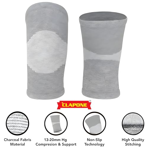 Image of CLAPONE Knee Warmers, Long Cotton Knee Sleeves - For Women, Men, Circulation Improvement and Joint Pain Relief for Arthritis Knees, Knitted Binchotan Yarn, Thick, One Pair (Gray, XL).