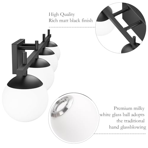 Image of Ralbay Black Vanity Lights for Bathroom Milky Glass Mid Century Modern Bathroom Vanity Wall Light Over Mirror, Black 4-Lights