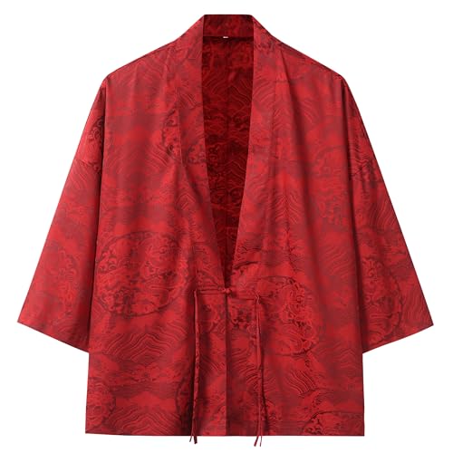 Image of Mens Japanese Kimono Cardigan Cotton Linen Haori Fashion 3 /4 Sleeve Yukata | Shawl Collar Kimono Jacket Robe Embroidery Patchwork Happi Coat Tie Pockets Lightweight Outerwear Daily Casual All Seasons