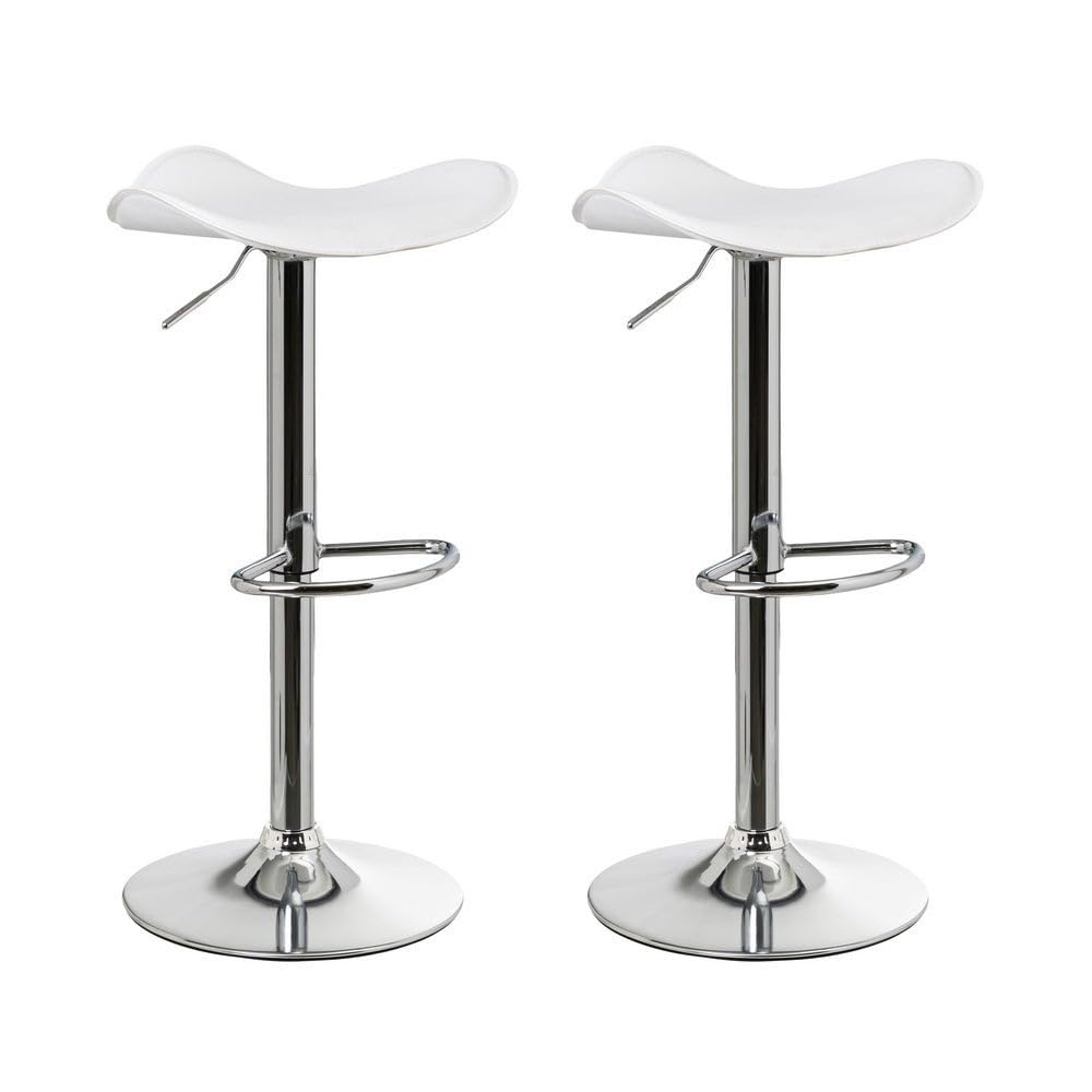 LOLAhome - Set de 2 Taburetes de Cocina Giratorios en 360°, Juego de Sillas de Bar Regulables en Altura de 73 a 83 cm, Estructura Metal y Reposapiés, Blancos