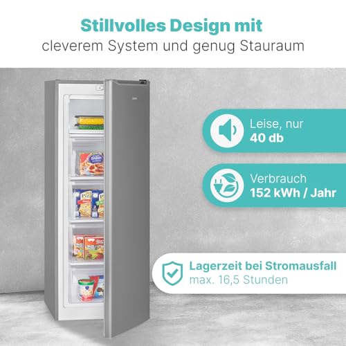 Bomann® Gefrierschrank 143cm | 4 Sterne-Gefrierfach | Temperaturbereich: ≤ -18°C | Tiefkühlschrank leise 40dB | wechselbarer Türanschlag | Gefrierschrank gross | 168L Freezer | GS 7364 inox