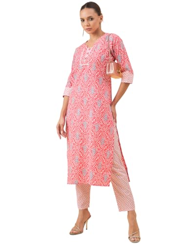 Image of Winza Designer Geometric Printed Red Cotton Kurta Sets for Woman | Kurtasets | Kurti with Pant Co Ord Set for Women | Kurtas Kurtis | Cordset | Coordset