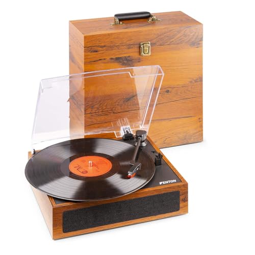 Fenton RP170D Tocadiscos y Estuche para vinilos con grabación Bluetooth, Parada automatica, 3 velocidades, Estuche para 30 Discos, Salida RCA, Entrada Mini Jack, Salida de Auriculares, Madera Clara