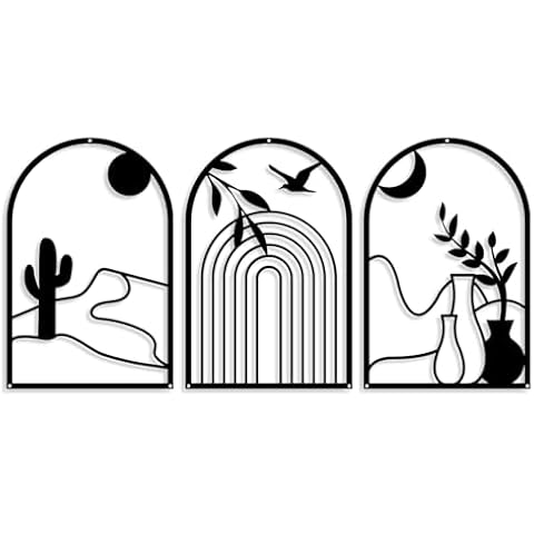 Oubasa Boho Black Metal Wall Decor Black Minimalist Wall Art Large Bohemian Line Metal Wall Art Black Boho Wall Art for Bedroom Bathroom Living Room (3 Pack, 11 x 17 in) Cover