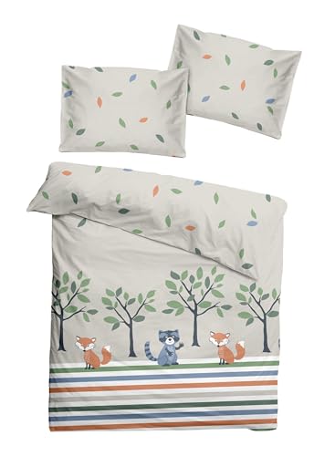 Soma Renforcé Baby Wende Bettwäsche 100x135 cm Waldtiere Blätter beige bunt