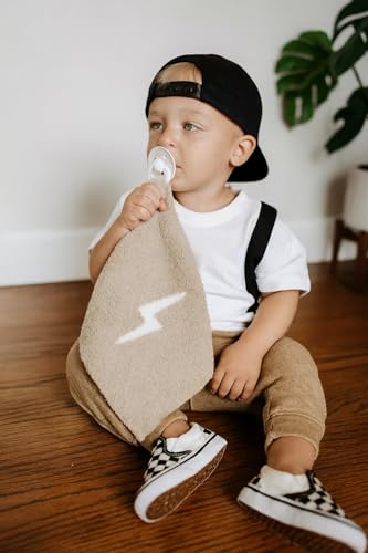 Image of L+L USA Lightning Bolt Baby Lovey Pacifier /Teether Holder 10 inchx10 inch - DreamSoft Plush Fluffy Cuddly Soothie Reversible Mini Comfort Blanket - Cute Newborn Gift Essential Babies Boys Girls (Tan /White)
