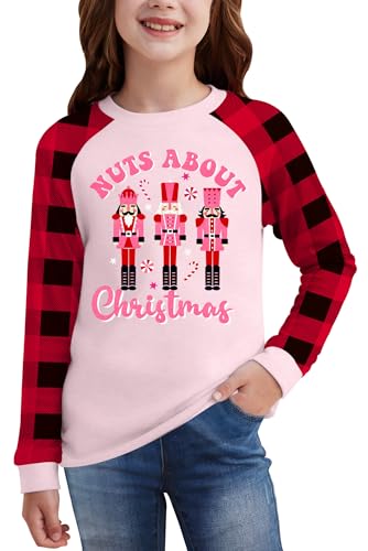 Image of BesserBay Girl's Christmas Buffalo Plaid Raglan Top Funny Holiday Graphic Shirt 4-14 Years