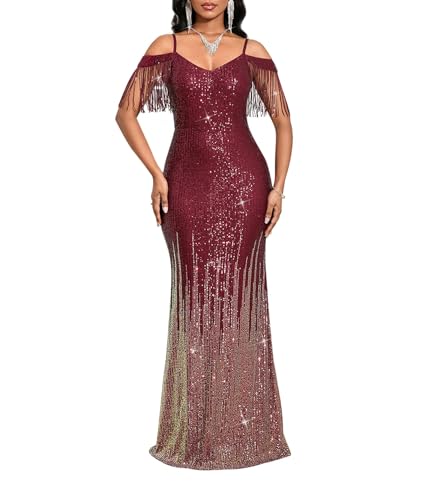 Image of Cololura Women Sexy Sequin Tassel Off Shoulder Halter Bodycon Formal Party Evening Gown Maxi Dress