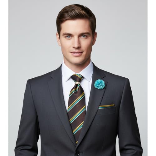 Image of 5PCS Mens Silk Designer Tie, Pocket Square, Cufflinks, Drilled Tie Ring and Lapel Pin Set for Wedding Groom Party