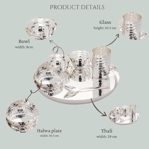 Image of Silverglow Hammered Stainless Steel Dinner Set for 4 People, Silver Plated dinnerware Set of 24 pcs, Diwali Wedding Return Gift, Pure-Silver Plate Set Original