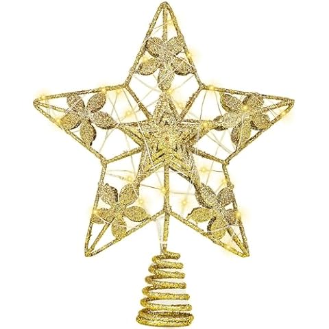 Lotus Hills Glitter Gold Star Tree Topper, 3D Hollow Poinsettia Tree Toppers Christmas Decorations Battery Operated, Metal Christmas Tree Topper Star with Lights, Lighted Christmas Tree Star Topper Cover