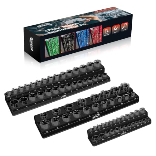 Image of GOOACC 3 PCS Magnetic Socket Organizer Set, Heavy Duty Metric Socket Organizer Tray 1 /4 inch 3 /8 inch 1 /2 inch Impact Drive Sockets Holds 75, Magnetic Socket Holder for Tool Box Drawer Chest Garage Storage,Black