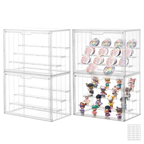 Image of Clear Acrylic Display Case Upgrade 4 Tier Figure Display Case with 3 Movable Dividers, Stackable Display Box Showcase with Magnetic Door for Collectibles (Large-4pack)