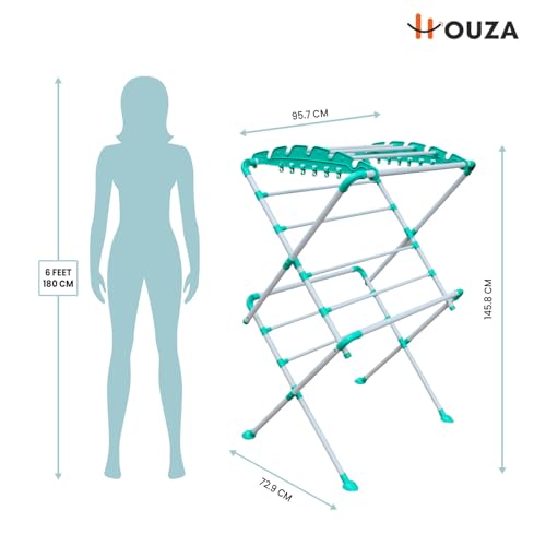 Image of HOUZA Alloy Steel Extra Large Cloth Drying Stand | Foldable Cloth Dryer Stand | Additional Hanger Slots to Hang Shirts on a Hanger| (White, Green)