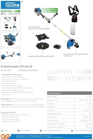 Bild 6 - Güde Freischneider GFS 52.3E (2-Takt-Motor, 1,45/2 (kW/PS), 52 cm³ Hubraum, Schnittbreite Messerblatt/Fadenspule 25,5/44 cm, Elektrostart, inkl. Fadenspule, Wirbelblatt, Sternblatt, Tragegurt)
