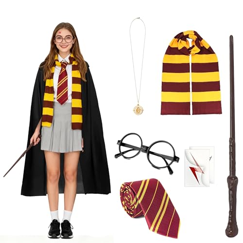 Wizard Costume Accessories 8 Pcs Cosplay Accessories Set with Magic Cloak Magic Wand Hat Scarf Tie Necklace Glasses Tattoo Sticker Fancy Dress Set for Kids and Adult Halloween Party World Book Day