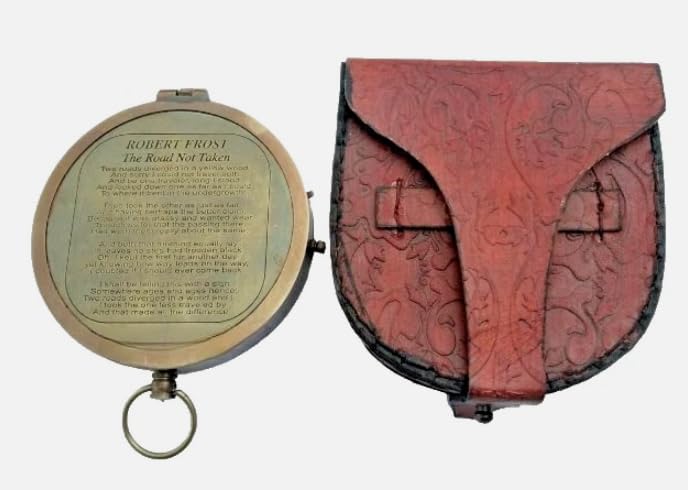 Brújula de bolsillo de latón antiguo con funda de cuero – Regalo vintage de navegación náutica miniatura 1