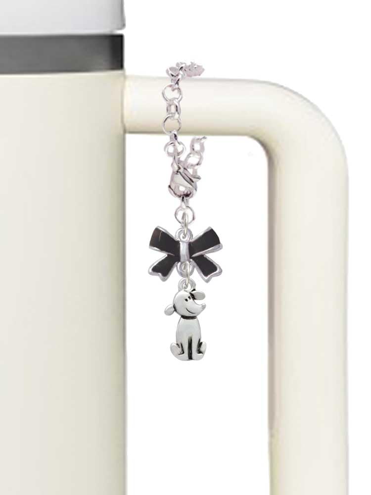 Delight Jewelry Silvertone 2-D Dog - Black Bow Charm Accessory for Tumblers and Thermal Cups