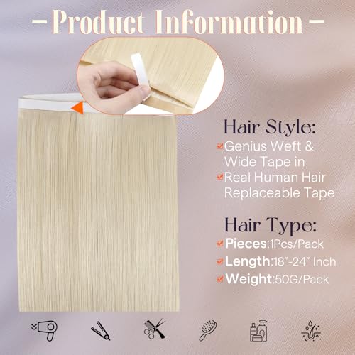 Image of Full Shine Tape in Weft Hair Extensions Human Hair, Ash Blonde 22 Inch | 50g 1 Piece, Invisible Seamless Skin Weft Hair Extensions, Long Genius Weft Remy Straight Texture Natural Look Add Length