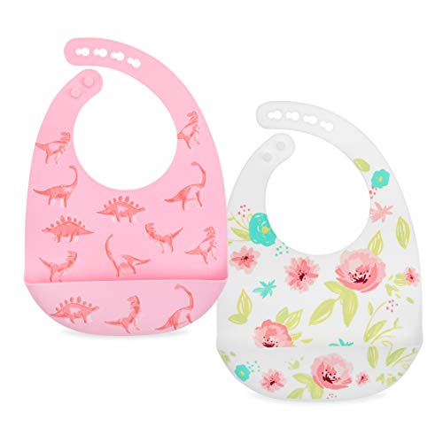 Image of Nuby 2 Pack Adjustable Easy Clean Soft Silicone Bibs with Scoop, Pink Dinosaurs & Flowers