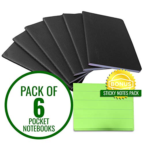 Pocket Notebook Set, 3.5" x 5.5", Softcover & Durable Notepad, 6 Pack - 30 Sheets (60pages) Lined Journals, Small/Mini Size Memo Book (Black),Perfect for Field,Travel, Writing; with Bonus Sticky Note