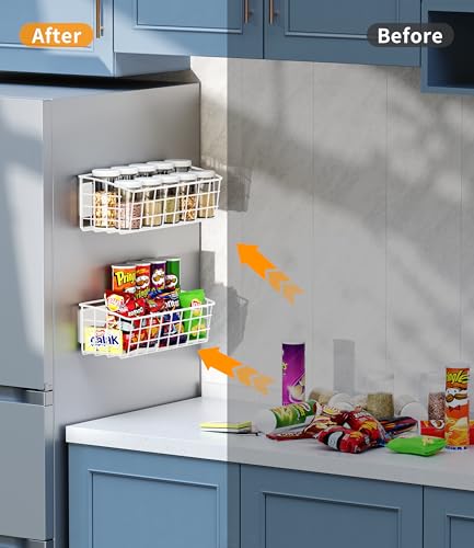 Image of 2Pack Magnetic Shelf for Refrigerator with Removable Hooks(White) | Strong Magnetic Spice Rack for Kitchen Storage, Fruit Potato Onion Storage Shelves, Large Magnetic Basket Organizer