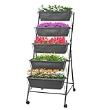 GENMOUS 5 Tier Raised Garden Bed Tall 45FT Vertical Elevated Garden Planter Standing Garden Bed Planter Box with Drainage Holes Removable Tray Outdoor Herb Planter Stand on Patio Balcony Porch Black