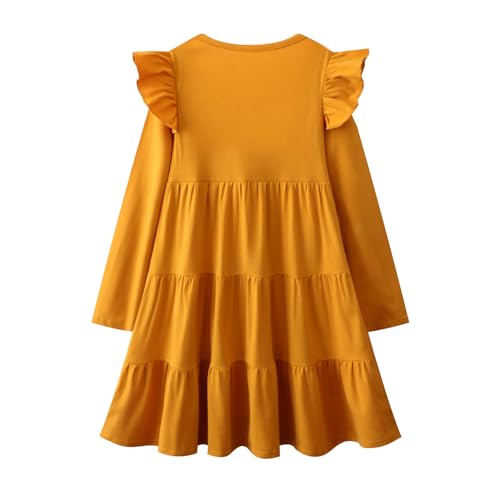 Image of Girl Long Sleeve Dress Ruffle Rainbow Color Block Cotton Casual Tiered Pleated Twirly Dress