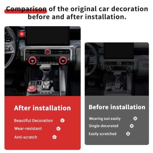 Image of for Toyota Tacoma 2024-2026 & 4Runner 2025-2026, 14-Inch Screen Aluminum Alloy Knob Cover Trim - Fits Push Start, AC, Volume & 4WD Gear Switch (Red, 6-Piece Set)