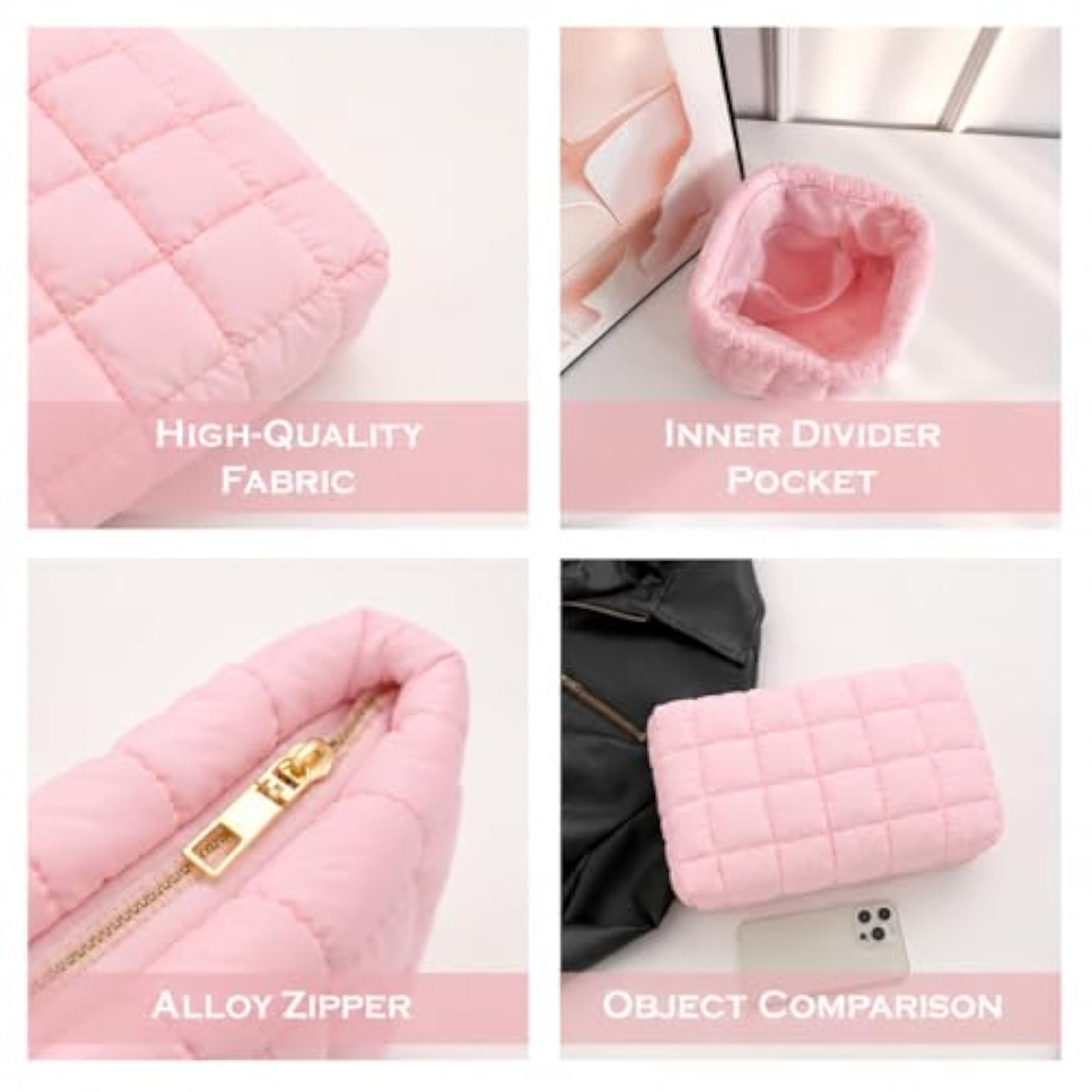 Light Pink Quilted Cosmetic Bag for Women