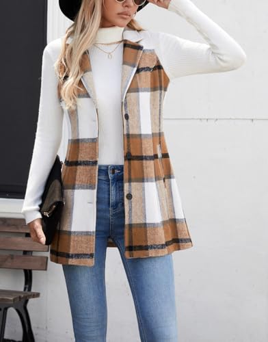 olrain Women Flannel Plaid Sleeveless Blazer Vest Lapel Neck Button Down Long Jacket Outwear Coat With Pockets Fall Winter2