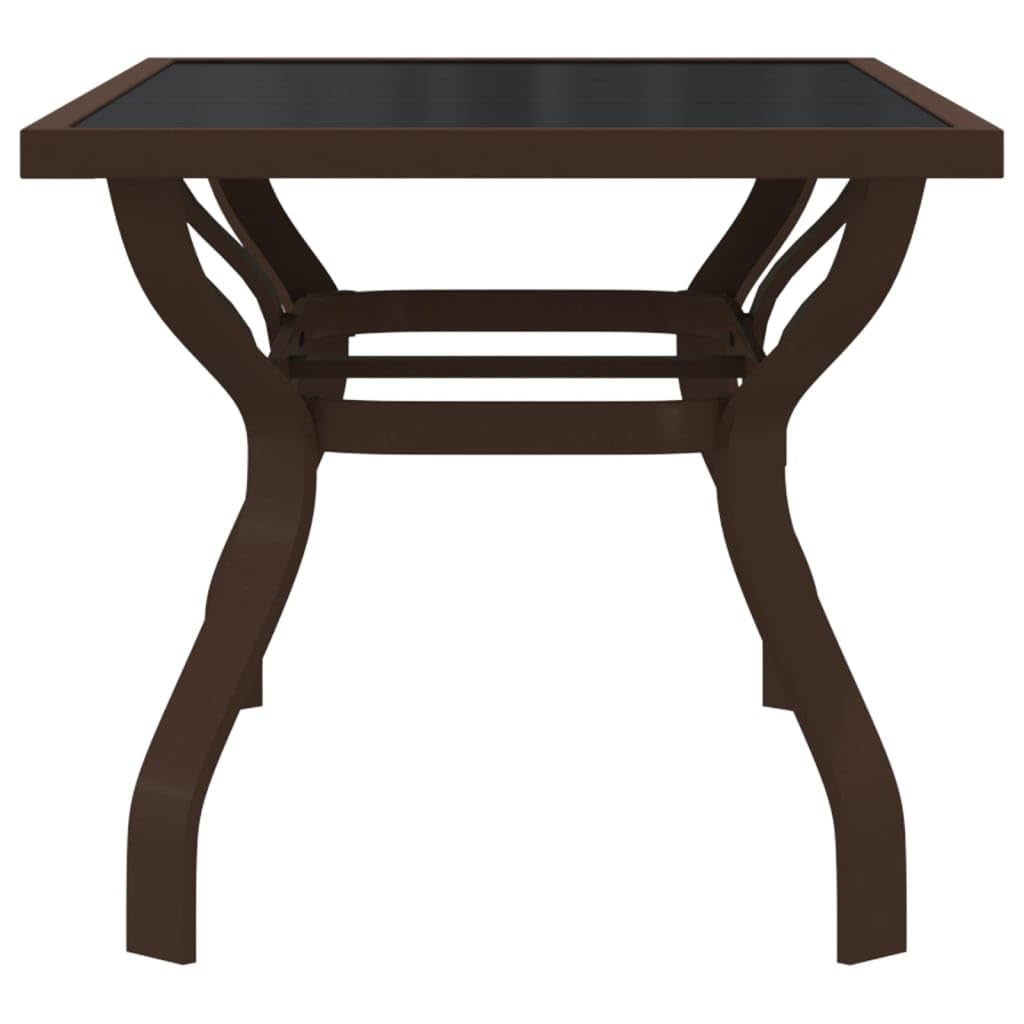 Tavolo da giardino marrone e nero, 140 x 70 x 70 cm, in acciaio e vetro, per terrazza, balcone, tavolino da pranzo, resistente alle intemperie, facile da pulire, stabile, per esterni
