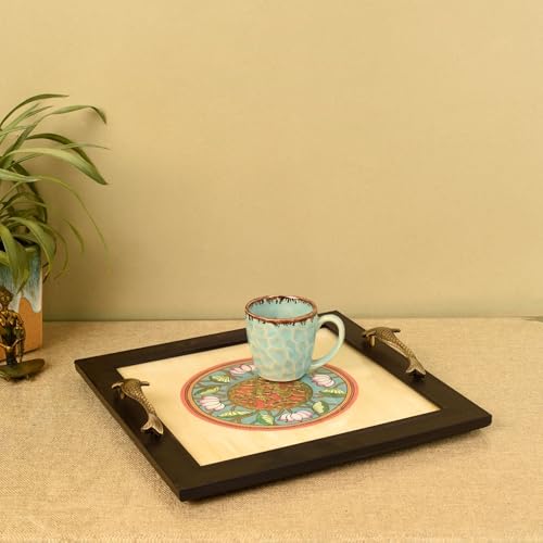 Image of Aakriti Art Creations Fusion Serenity Madhubani-Dhokra Tray, Serving Platter Beige | Matte Finish, Handcrafted Metal & Wood Tray with Handles | Tray for Kitchen Decor & House Warming Gifts