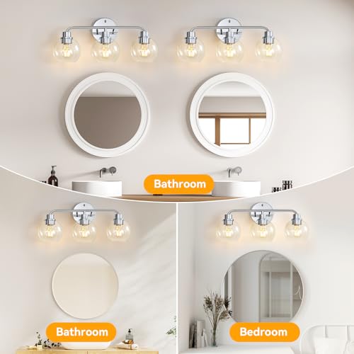 Image of Bathroom Light Fixtures Chrome Vanity Light Silver 3 Light Modern | Wall Sconces Lighting Bathroom Lights with Glass Shades Bath Wall Lights Wall Lamp for Mirror Kitchen Living Room Hallway