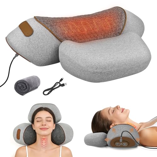 Lifiora Neck Massager Pillow with Heat- Neck & Shoulder Support with Vibration & Airbag Traction for Pain Relief Deep Tissue, Cervical Hump Corrector Massage Pillow 3D Ergonomic