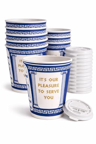 10 oz Disposable Coffee Cups with Tear-Back Sip Lids 50 Cups + 50 Lids (100 Piece Set) Classic New York Diner Style Greek Design Paper Coffee Cups To Go Hot Cups Secure Lid Fit Leak Resistant