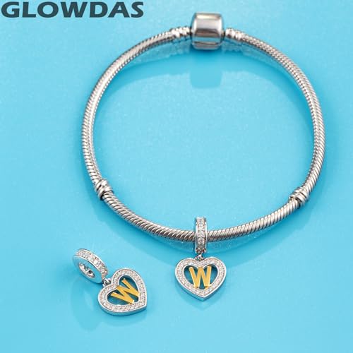 Image of GLOWDAS 18K Gold Plated Letter Charms Initial A to Z Necklace Pendant, 925 Sterling Silver CZ Heart Dangle Alphabet Beads fit European DIY Bracelet, Gifts for Valentiens /Christmas /Family