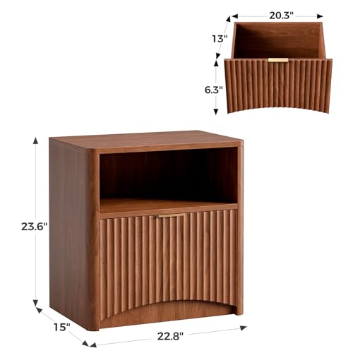 Image of Evermagin Fluted Nightstand Set of 2, Walnut Bedside Table with Drawer and Storage, Wood End Table Mid Century Modern, Large Night Stand for Bedroom