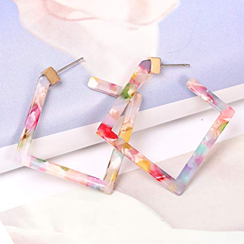 Lpon Acrylic Earrings Statement Square Hoop Earrings Geometric Resin Tortoise Stud Earrings Minimalist Dangle Earring Set For Women Girls (C:floral Small) #TOP4
