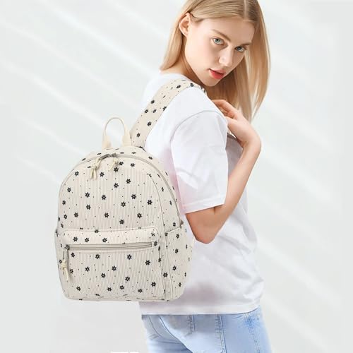 Image of Corduroy Womens Mini Backpack Girls Small Backpack Purse Fashion Casual Daypack School Bookbag (Floral Beige)