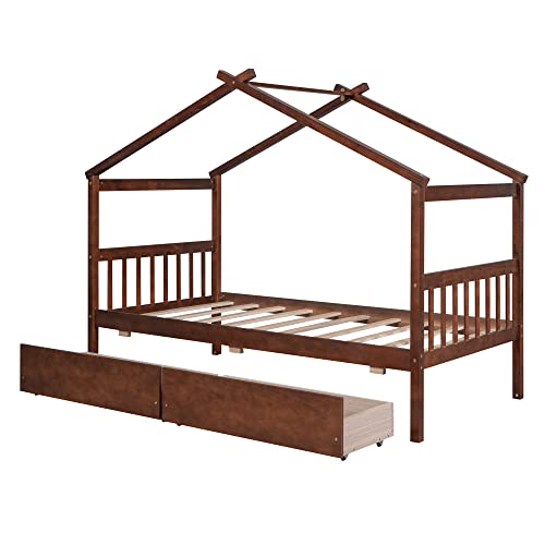 Twin Size House Bed With 2 Storage Drawers Wooden Kids Montessori House Bed Frame Wood Playhouse Tent Bed For Girls Boys Teens, Walnut #TOP2