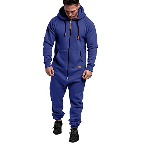 WUAI Onesie Men's Hooded Jumpsuit Zip Up One Piece Pajamas Playsuit Jogger Sweatsuit Overall Romper Blue