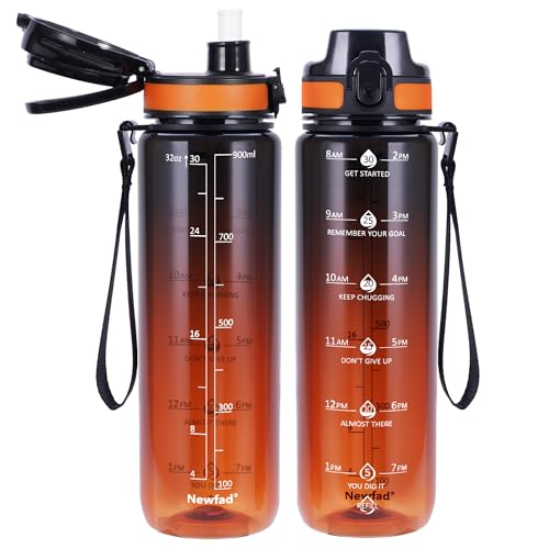 Newfad 32 oz Water Bottle with Detachable Straw, Clear Motivational Water Bottles with Time to Drink, Tritan & BPA Free Sports Water Jug with Time Marker, Upgraded handle design