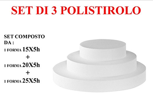 Casa Dolce Casa CDC- Kit n° 4 - Juego de 3 bases de poliestireno redondo de 5 cm de altura (1 poliestireno de 15 x 5 cm, 1 poliestireno de 20 x 5 cm y 1 poliestireno de 25 x 5 cm)